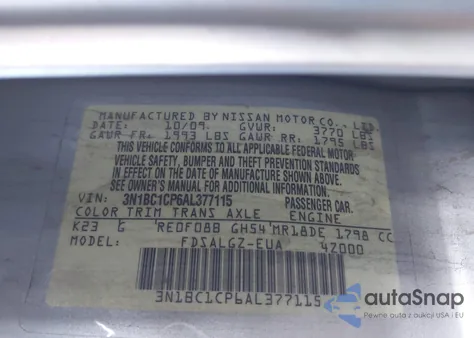 2010 Nissan Versa 1.8Sl z USA, uszkodzony, nr VIN 3N1BC1CP6AL377115